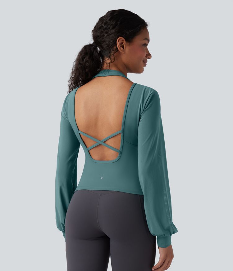 SoftlyZero™ Airy Halter Backless Bishop Long Sleeve Contrast Mesh Yoga Sports Top-UPF50+