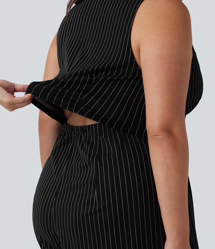 V Neck Sleeveless Belted Stripe Cool Touch Work Plus Size Jumpsuit with Pockets-Easy Peezy