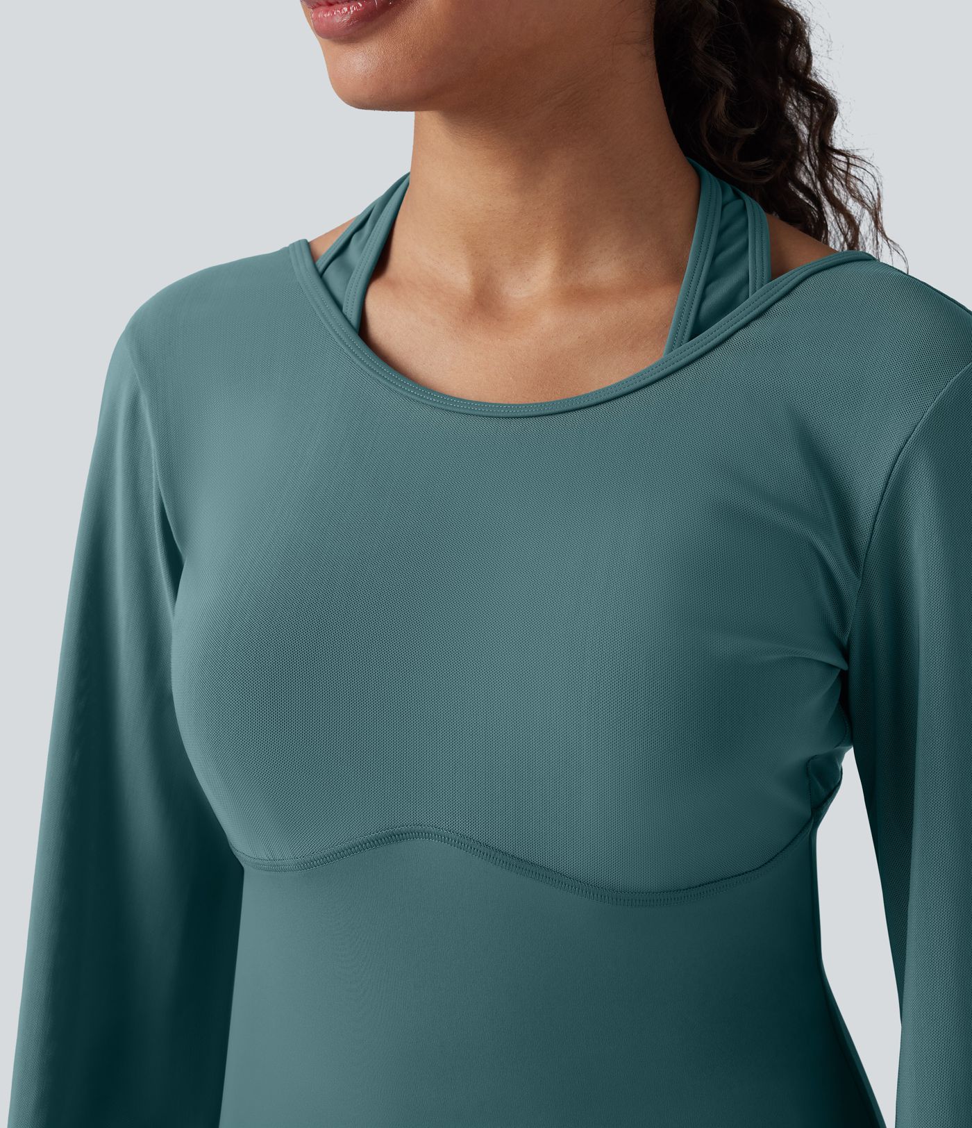 SoftlyZero™ Airy Halter Backless Bishop Long Sleeve Contrast Mesh Yoga Sports Top-UPF50+