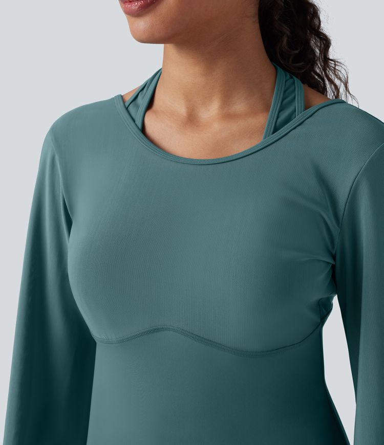 SoftlyZero™ Airy Halter Backless Bishop Long Sleeve Contrast Mesh Yoga Sports Top-UPF50+
