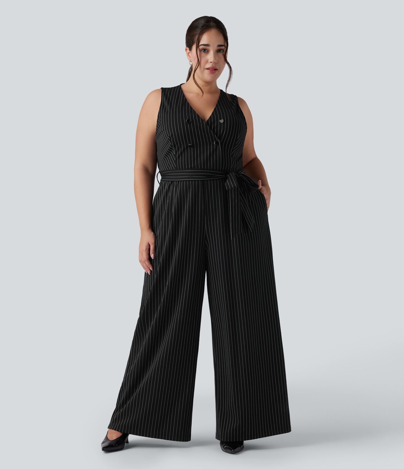 V Neck Sleeveless Belted Stripe Cool Touch Work Plus Size Jumpsuit with Pockets-Easy Peezy