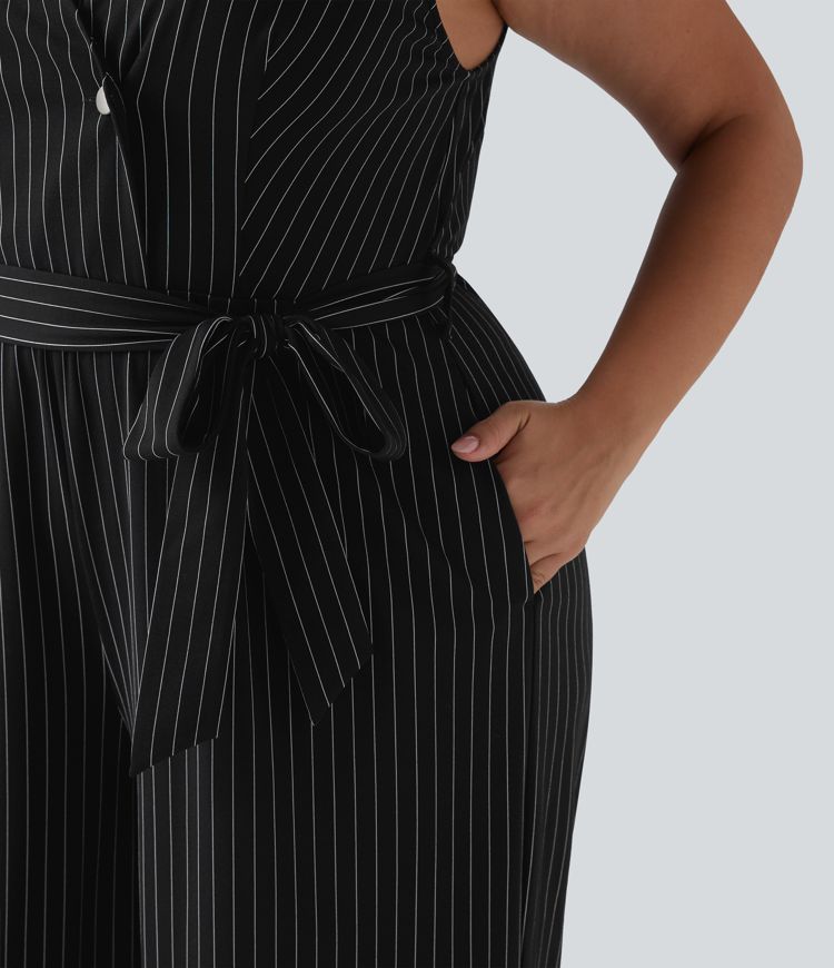 V Neck Sleeveless Belted Stripe Cool Touch Work Plus Size Jumpsuit with Pockets-Easy Peezy