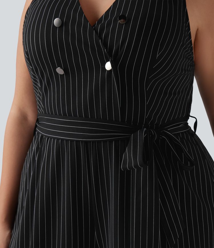 V Neck Sleeveless Belted Stripe Cool Touch Work Plus Size Jumpsuit with Pockets-Easy Peezy