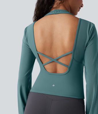 SoftlyZero™ Airy Halter Backless Bishop Long Sleeve Contrast Mesh Yoga Sports Top-UPF50+