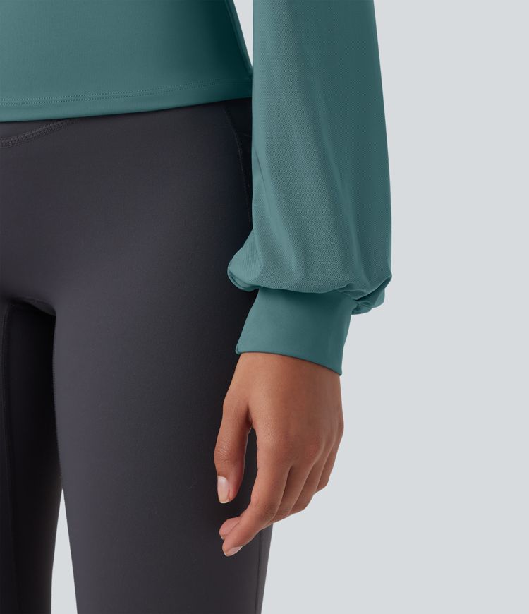 SoftlyZero™ Airy Halter Backless Bishop Long Sleeve Contrast Mesh Yoga Sports Top-UPF50+