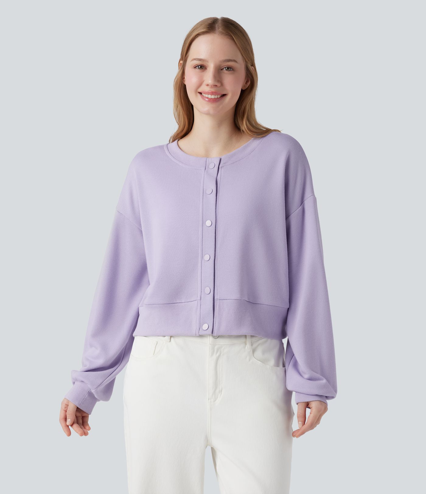 Round Neck Long Sleeve Button Fly Relaxed Sweatshirt-Front and Back Wearable