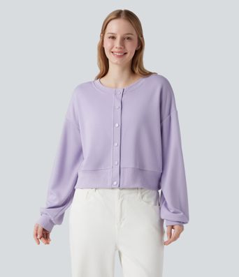 Round Neck Long Sleeve Button Fly Relaxed Sweatshirt-Front and Back Wearable