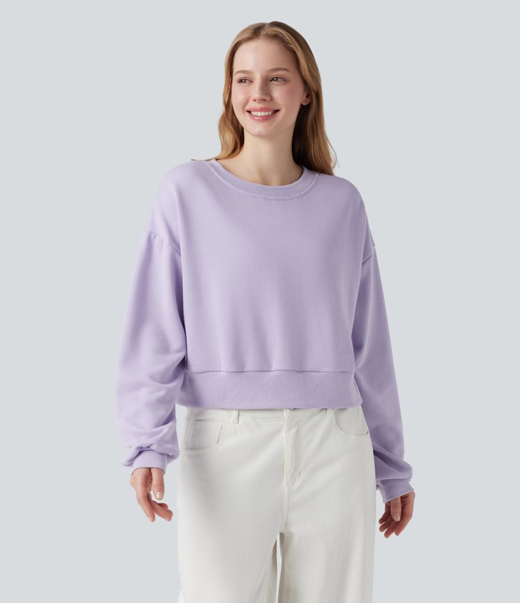 Round Neck Long Sleeve Button Fly Relaxed Sweatshirt-Front and Back Wearable