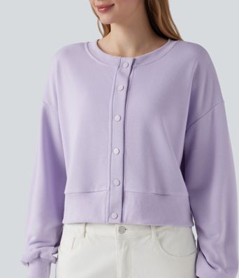 Round Neck Long Sleeve Button Fly Relaxed Sweatshirt-Front and Back Wearable