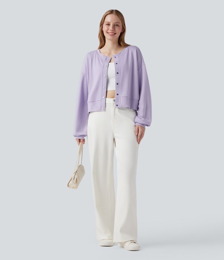 Round Neck Long Sleeve Button Fly Relaxed Sweatshirt-Front and Back Wearable