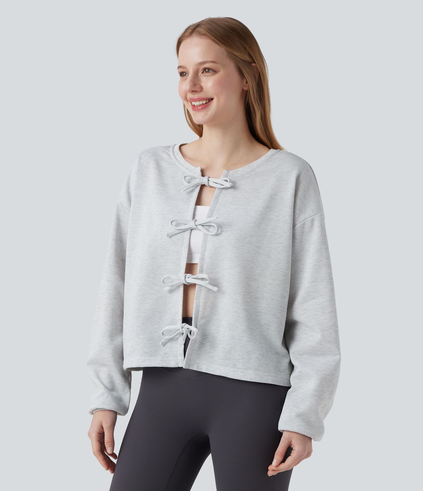 Reversible Round Neck Tie Front Long Sleeve Casual Sweatshirt (Two Looks in One)