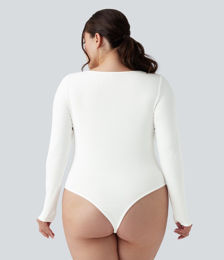 Ribbed Knit Square Neck Long Sleeve Skinny Casual Plus Size Bodysuit