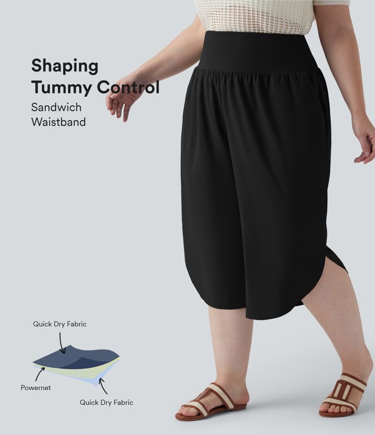 Breezeful™ High Waisted Tummy Control Curved Hem Quick Dry Resort Capri Plus Size Trousers with Pockets