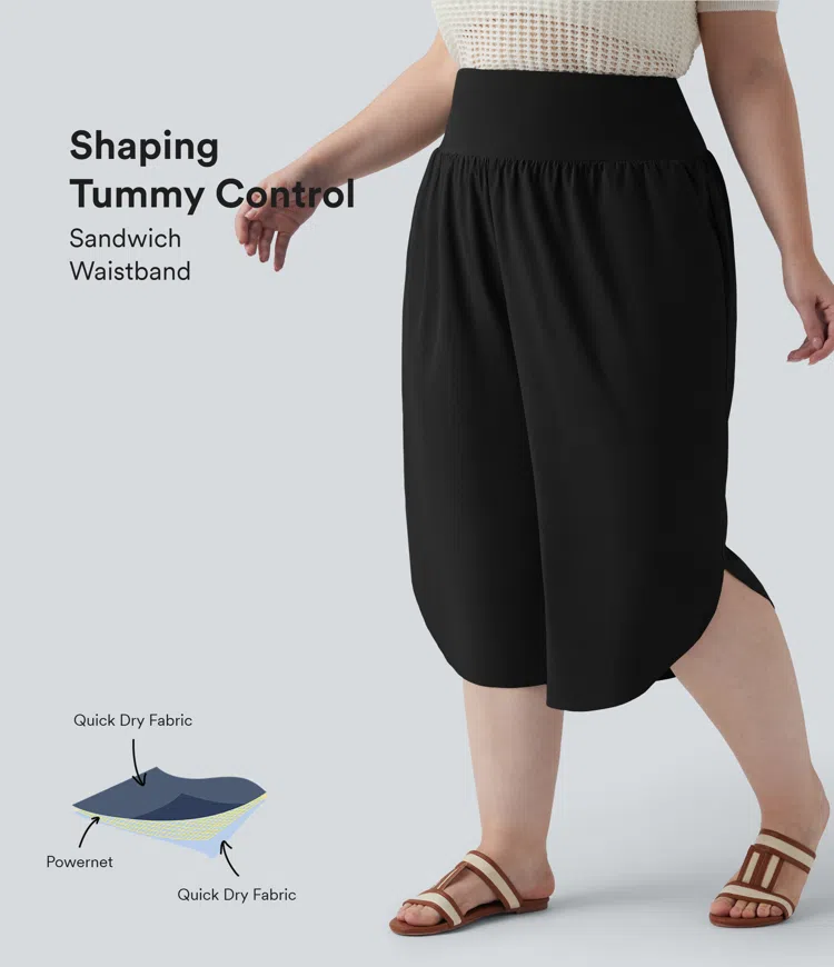 Breezeful™ High Waisted Tummy Control Curved Hem Quick Dry Resort Capri Plus Size Pants with Pockets