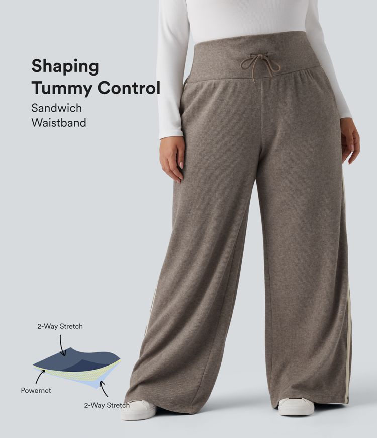 Ribbed High Waisted Tummy Control Drawstring Wide Leg Color Block Casual Plus Size Trousers with Pockets