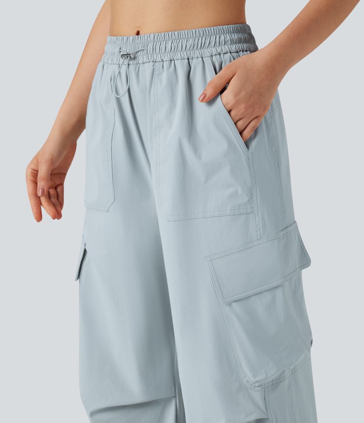 Mid Rise Drawstring Hiking Straight Leg Cargo Pants with Pockets-UPF40+