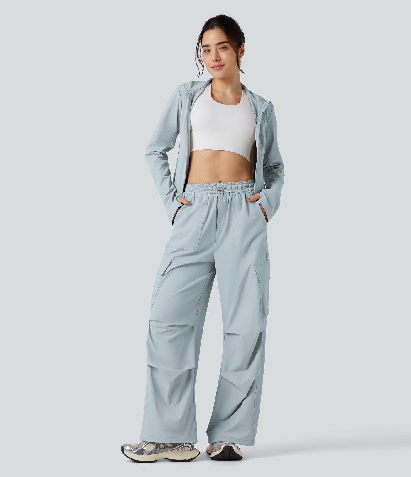 Cargo-Hose mit mittlerer Bundhöhe, Kordelzug, geradem Bein und Taschen – UPF 40+