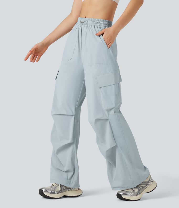Mid Rise Drawstring Hiking Straight Leg Cargo Pants with Pockets-UPF40+