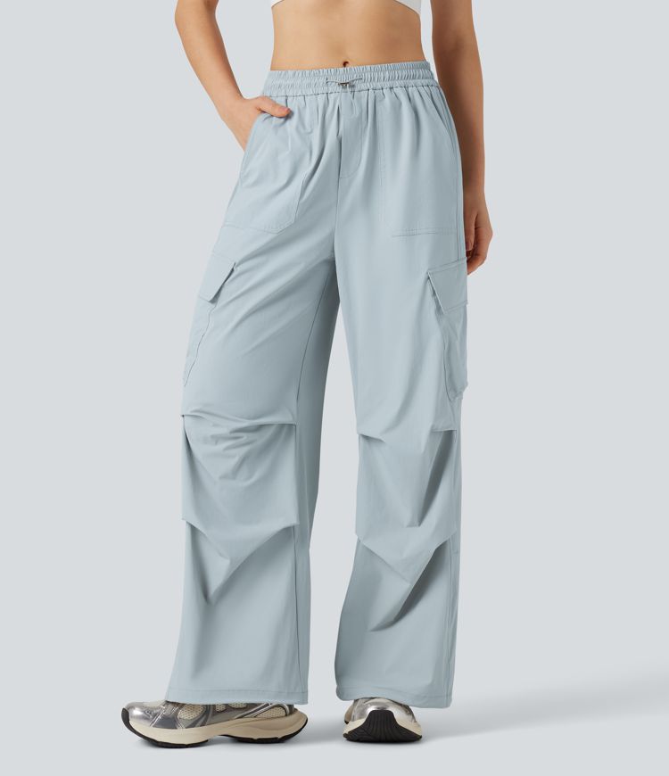 Mid Rise Drawstring Hiking Straight Leg Cargo Pants with Pockets-UPF40+