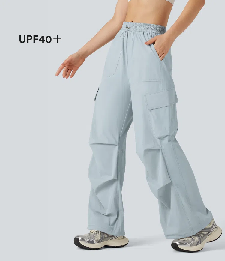 Mid Rise Drawstring Hiking Straight Leg Cargo Pants with Pockets-UPF40+