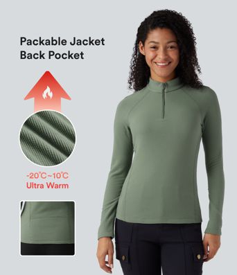 Packable Half Zip Long Sleeve Fleece Casual Sports Top with Pocket