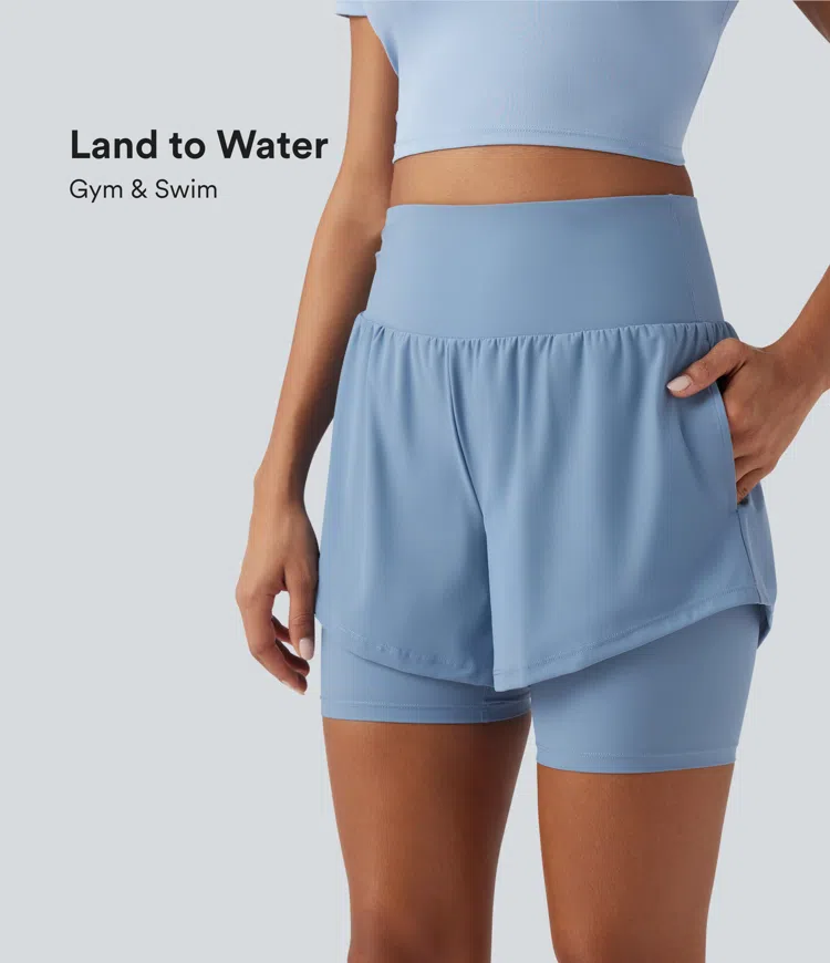 Land to Water High Waisted 2-in-1 Bikini Bottoms 7'' with Pockets