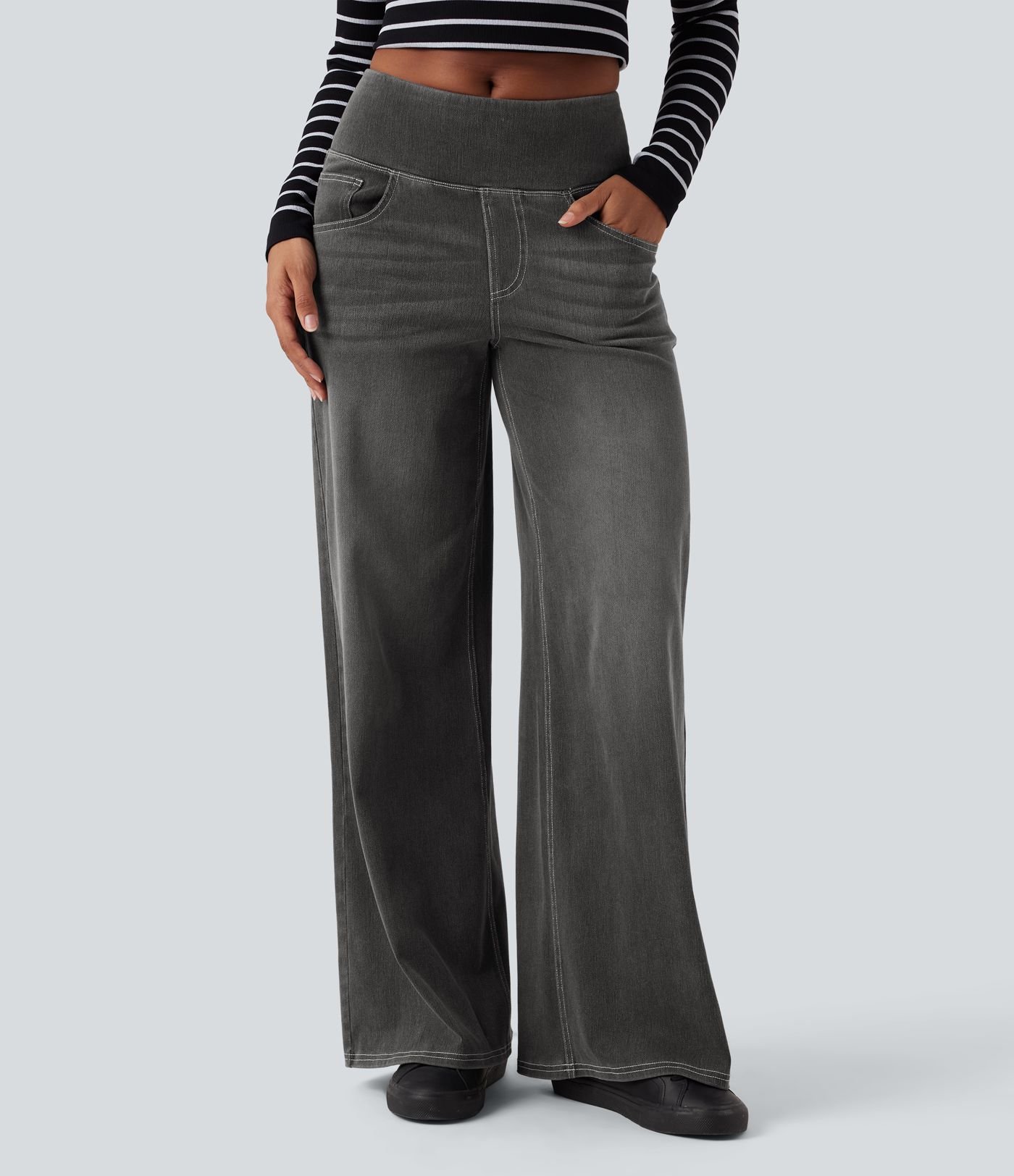 Halara Flex™ Mid Rise Tummy Control Women Wide Leg Casual Baggy Denim Jeans with Pockets