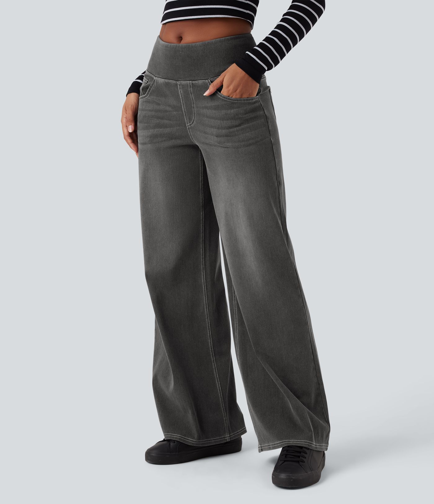 Halara Flex™ Mid Rise Tummy Control Women Wide Leg Casual Baggy Denim Jeans with Pockets
