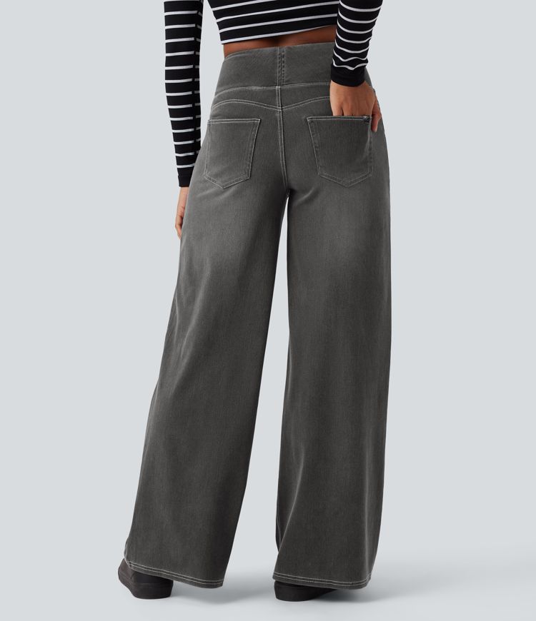 Halara Flex™ Mid Rise Tummy Control Women Wide Leg Casual Baggy Denim Jeans with Pockets