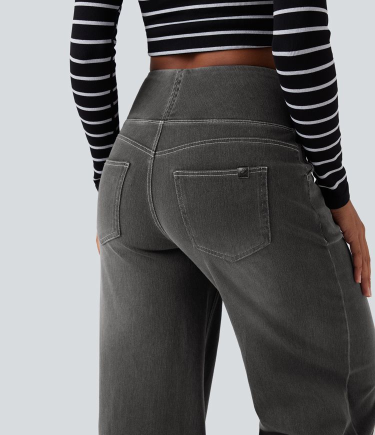 Halara Flex™ Mid Rise Tummy Control Women Wide Leg Casual Baggy Denim Jeans with Pockets