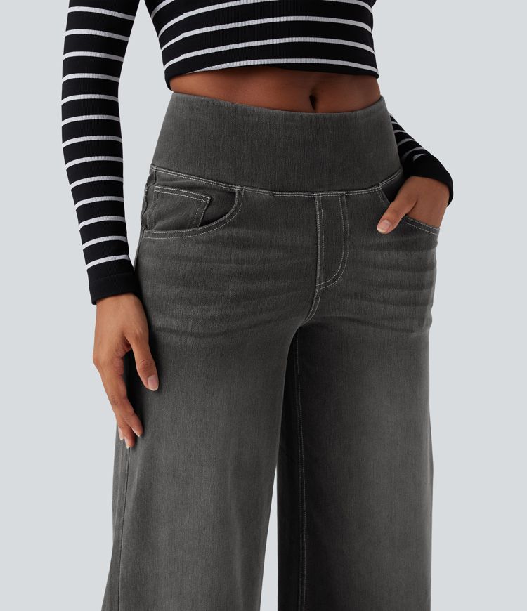Halara Flex™ Mid Rise Tummy Control Women Wide Leg Casual Baggy Denim Jeans with Pockets