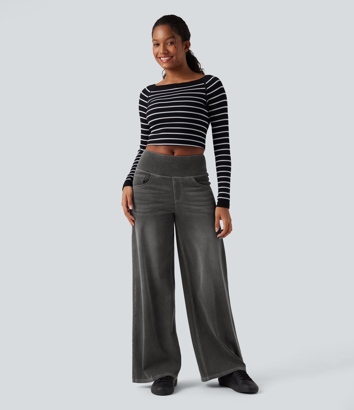 Halara Flex™ Mid Rise Tummy Control Women Wide Leg Casual Baggy Denim Jeans with Pockets