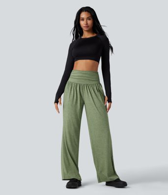 Pantalones holgados de yoga de tiro alto con fruncido y bolsillos