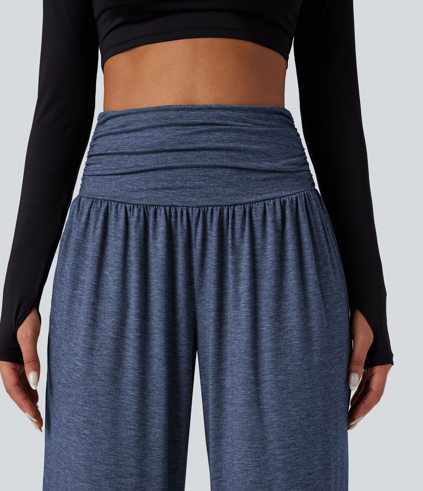 High Waisted Ruched Heathered Yoga Baggy Pants with Pockets