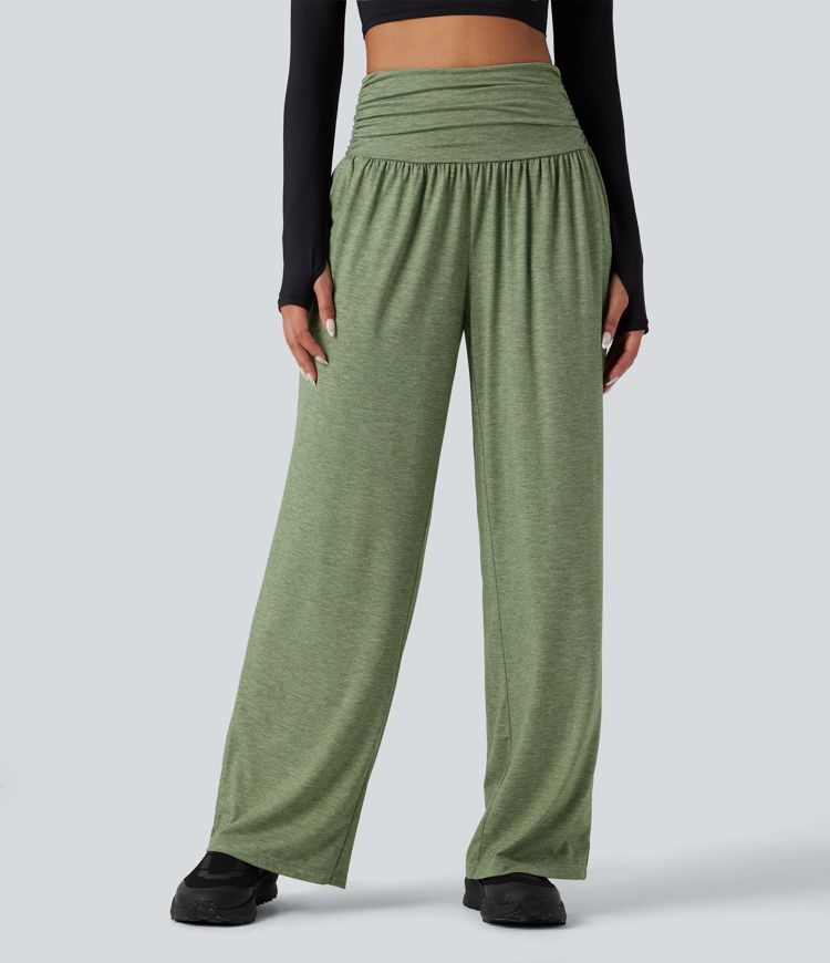 Pantalones holgados de yoga de tiro alto con fruncido y bolsillos