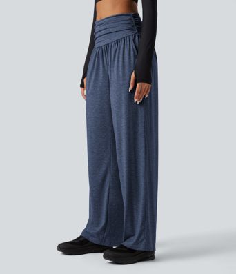 High Waisted Ruched Heathered Yoga Baggy Pants with Pockets