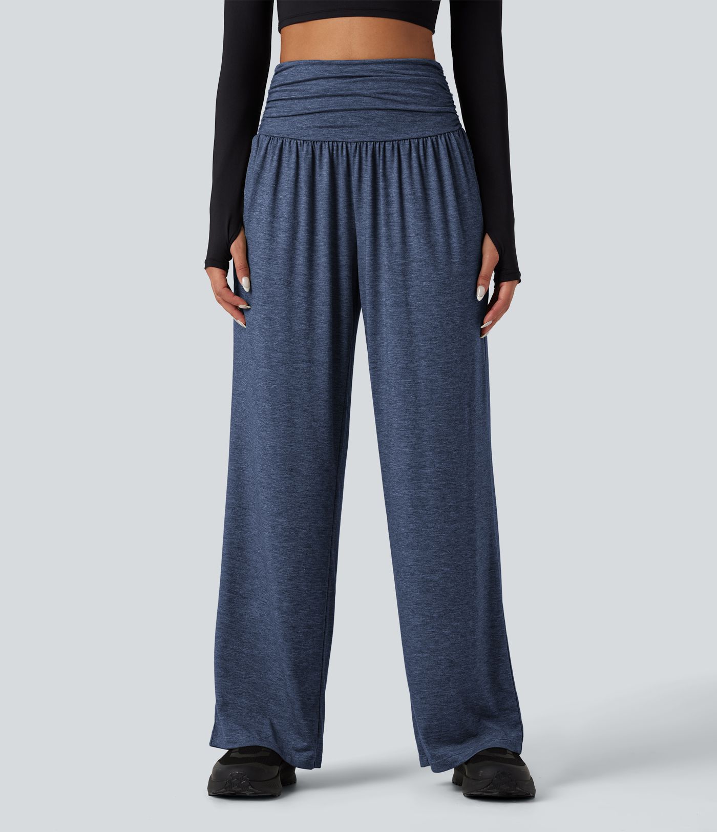 High Waisted Ruched Heathered Yoga Baggy Pants with Pockets