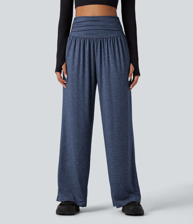 High Waisted Ruched Heathered Yoga Baggy Pants with Pockets