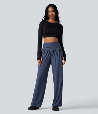High Waisted Ruched Heathered Yoga Baggy Pants with Pockets