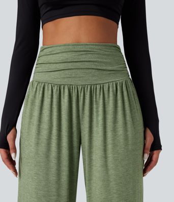 Pantalones holgados de yoga de tiro alto con fruncido y bolsillos