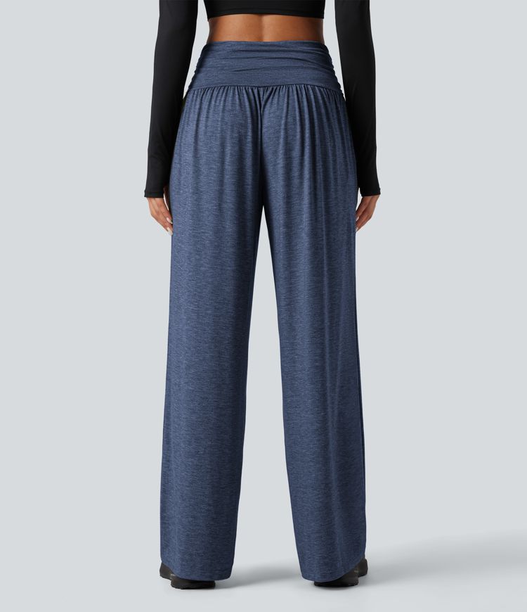 High Waisted Ruched Heathered Yoga Baggy Pants with Pockets