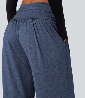 High Waisted Ruched Heathered Yoga Baggy Pants with Pockets