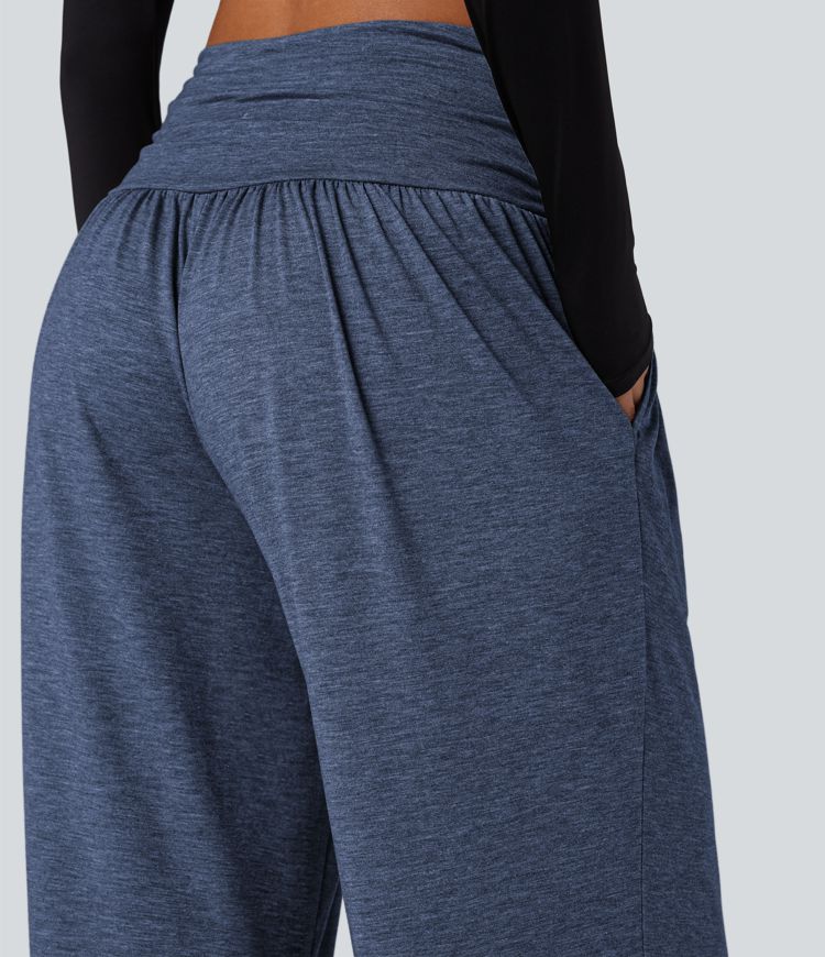 High Waisted Ruched Heathered Yoga Baggy Pants with Pockets