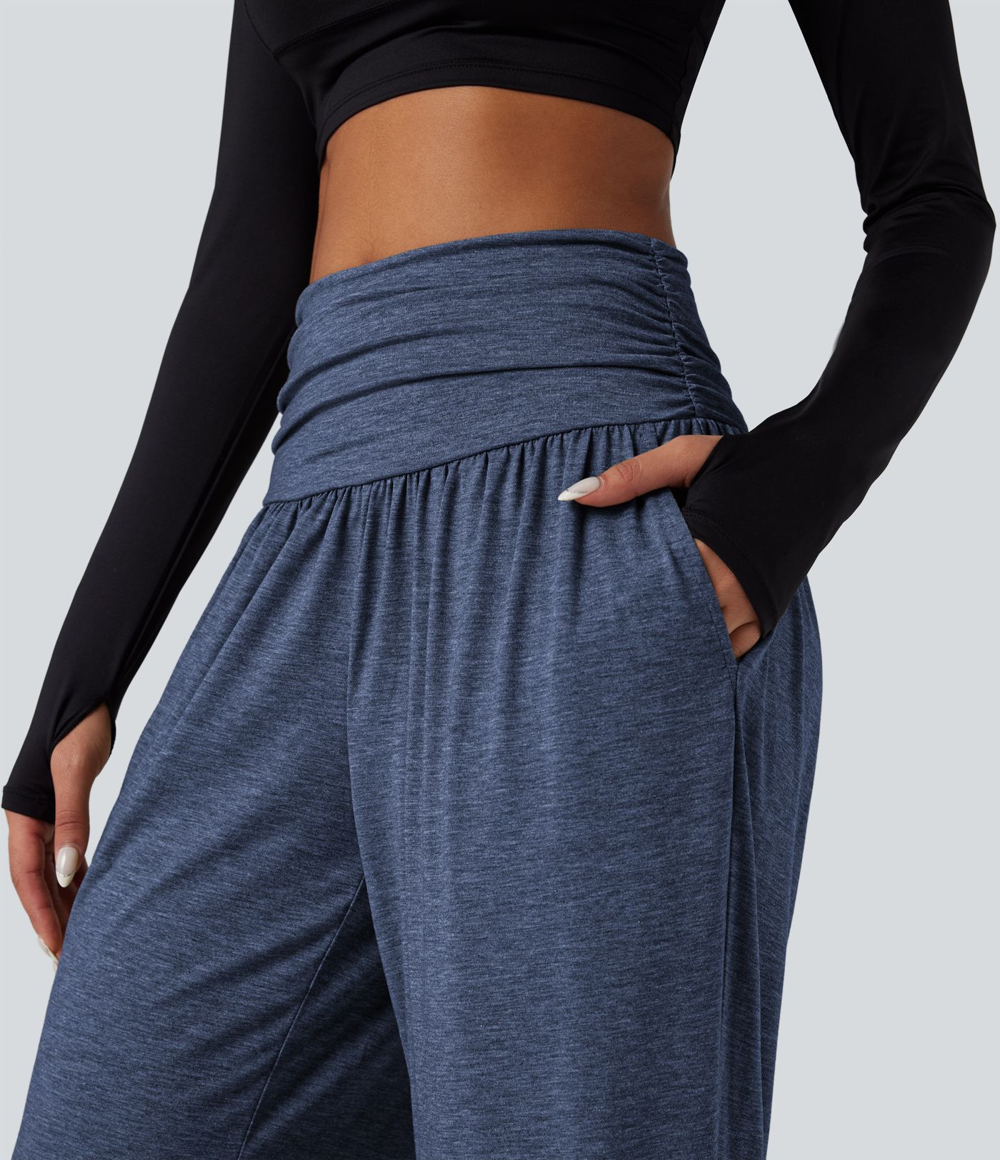 High Waisted Ruched Heathered Yoga Baggy Pants with Pockets