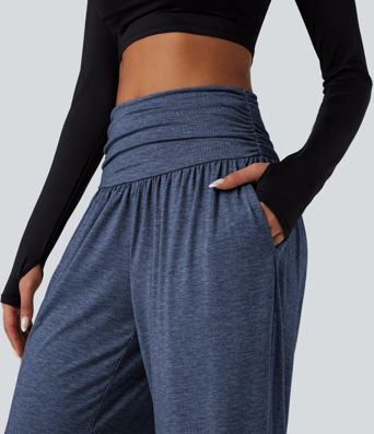 High Waisted Ruched Heathered Yoga Baggy Pants with Pockets