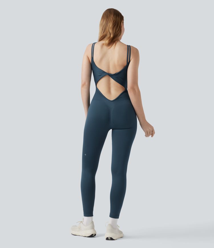 Seamless Flow Twisted Backless Built-in Bra Skinny Workout Slip Jumpsuit