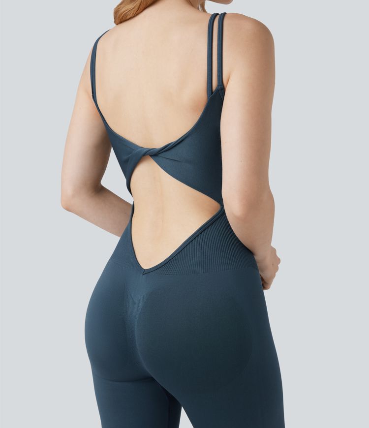 Seamless Flow Twisted Backless Built-in Bra Skinny Workout Slip Jumpsuit
