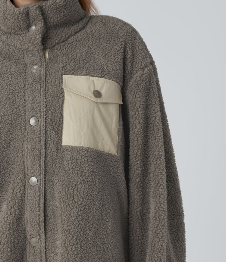 Stand Collar Long Sleeve Hiking Sherpa Jacket with Pockets