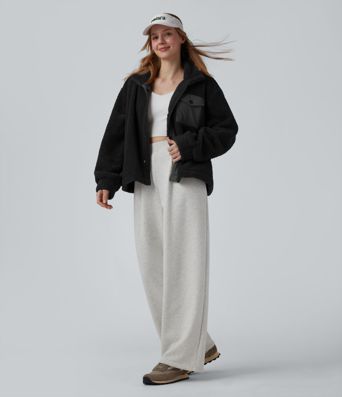 Stand Collar Long Sleeve Hiking Sherpa Jacket with Pockets