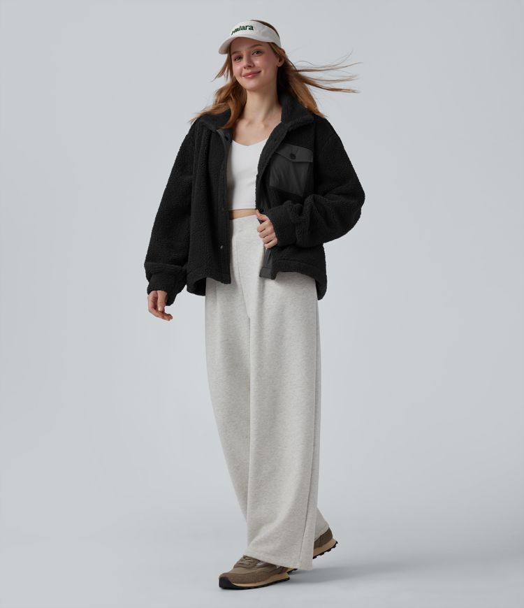 Stand Collar Long Sleeve Hiking Sherpa Jacket with Pockets